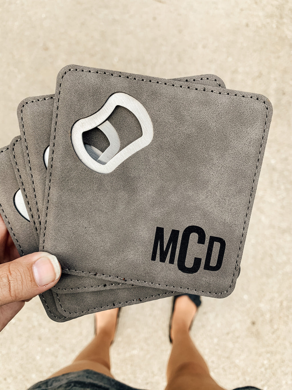 Leather Bottle Opener Coasters (set of 4) - Grey image